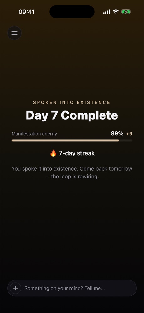 Day 7 complete screen with manifestation energy at 89%