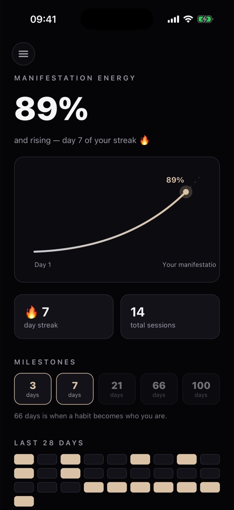 Progress screen with manifestation energy curve and streak heatmap